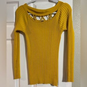 VENUS Mustard Yellow Ribbed Long-Sleeve Knit Top with Lattice Neckline